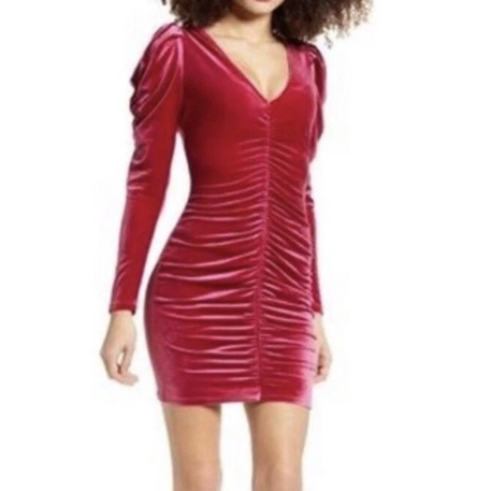 Leith Berry Pink Velvet Puff Sleeve Ruched Mini Dress Size S